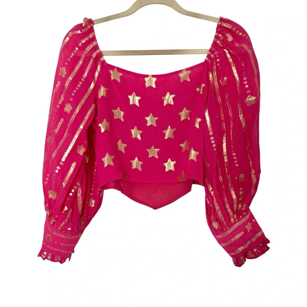 LoveShackFancy Pink and Gold Star Patterned Puff Sleeve Cropped Women's 6 Top